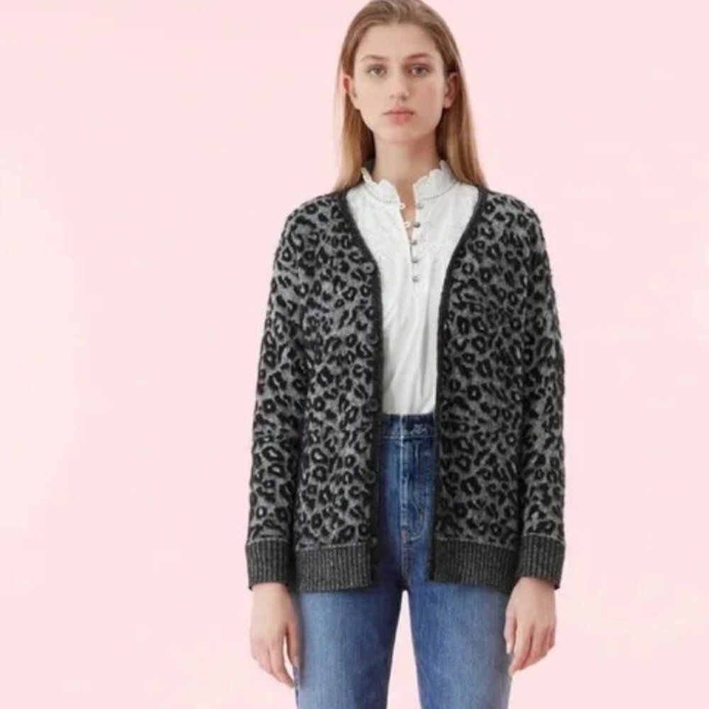 La Vie Rebecca Taylor Jacquard Leopard Print Cardigan Small
